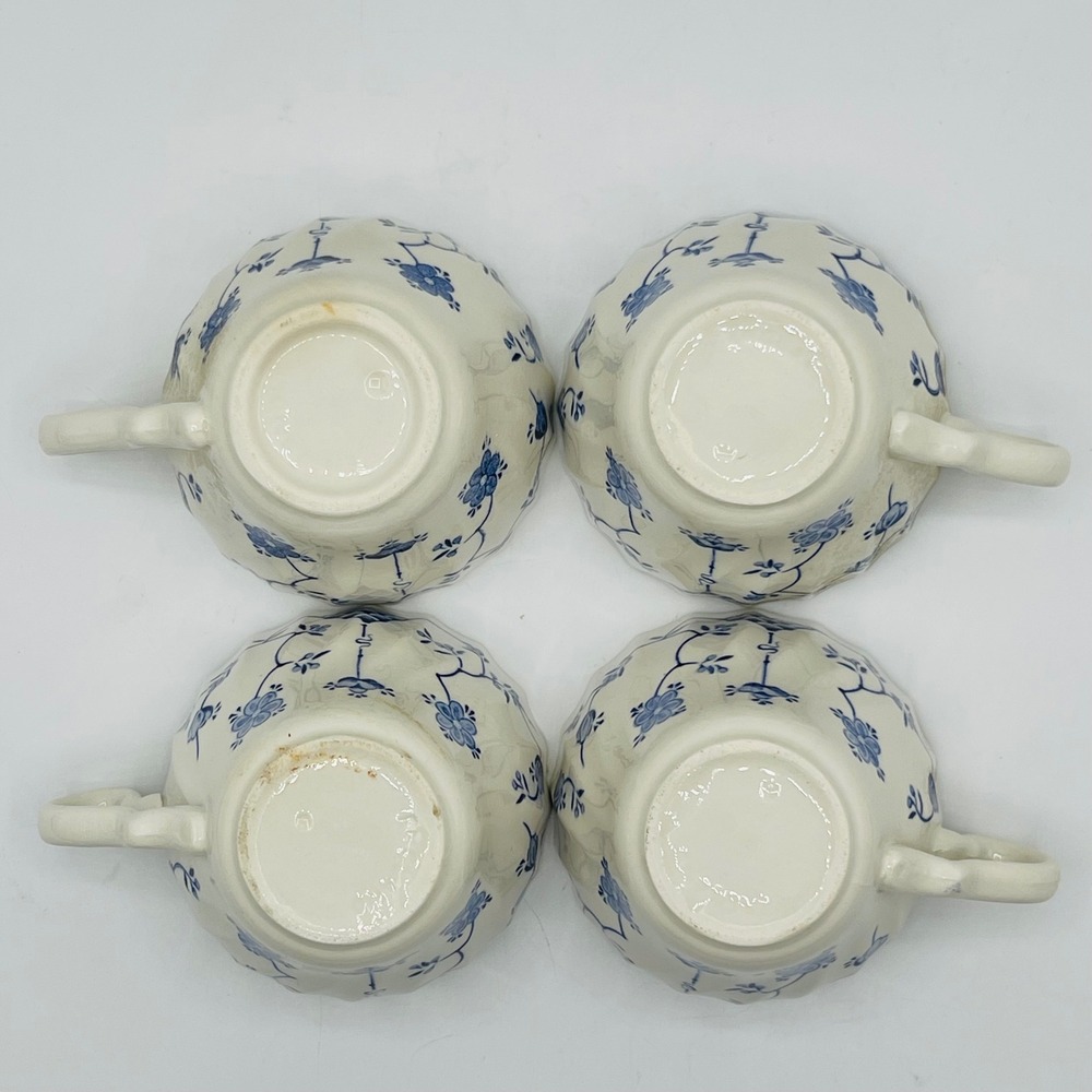 Vintage Blue and White Floral Tea Cups Set of 4 Scalloped Fluted Rim Chipped